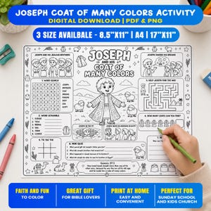 May include: A black and white printable activity sheet titled Joseph and His Coat of Many Colors. It features a central illustration of Joseph, a word search, a maze, a word scramble, a mini quiz, and counting tasks in 8.5"x11", A4, and 17"x11" sizes.
