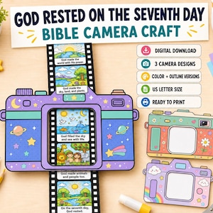 May include: A paper camera craft kit featuring a purple camera body with space-themed graphics and a film strip insert depicting biblical creation scenes. The text reads GOD RESTED ON THE SEVENTH DAY BIBLE CAMERA CRAFT, DIGITAL DOWNLOAD, 3 CAMERA DESIGNS, COLOUR + OUTLINE VERSIONS, US LETTER SIZE, and READY TO PRINT.