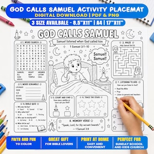 Könnte beinhalten: Eine schwarz-weiße Aktivitätsunterlage mit dem Titel God Calls Samuel, die ein Wortsuchrätsel, Labyrinth, Wortsalat, Bibelquiz, Zählaufgabe, Sternen-Nachzeichnen und einen Vers enthält. Erhältlich in den Größen 21,6x27,9cm, A4 und 43,2x27,9cm.