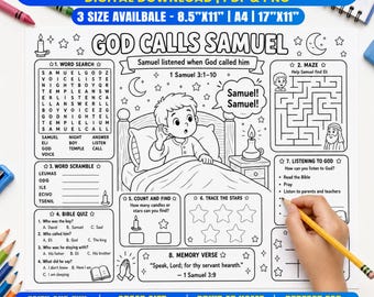 God Calls Samuel Activity Placemat, Sunday School Bible Coloring Page and Printable Kids Craft, Church Placemat, Christian Homeschool Lesson