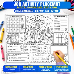 May include: A black and white printable job activity placemat featuring a word search, word scramble, maze, fill-in-the-blanks, matching game, mini quiz, and tracing section. The design includes illustrations of Job, camels, and sheep.