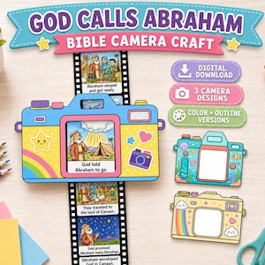 May include: A paper craft kit titled God Calls Abraham Bible Camera Craft featuring a blue and yellow camera with a film strip showing biblical scenes. Includes digital download, three camera designs, and color or outline versions for assembly.