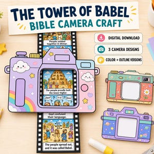 The Tower of Babel Bible Camera Craft, Printable Sunday School Coloring Activity for Kids, Bible Story Retelling Activity, Church Craft