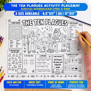 Puede incluir: Un mantel individual de actividades en blanco y negro titulado The Ten Plagues que incluye sopas de letras, crucigramas, laberintos, tres en raya, un cuestionario y juegos de contar. La ilustración muestra a Moisés y un faraón.