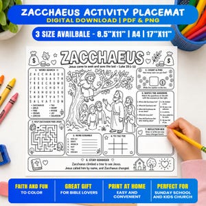 Tischset mit Zachäus-Motiven, Ausmalbild zur Bibelgeschichte, Bastelvorlage für den Sonntagsschulunterricht, Druckvorlage für Kindergottesdienst, christliches Spielblatt (PDF)