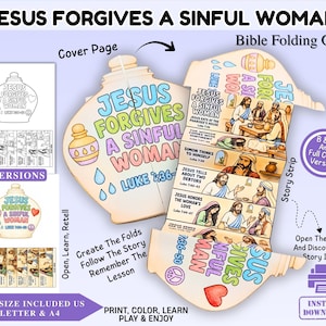 May include: A printable Bible folding craft titled Jesus Forgives a Sinful Woman, featuring a jar-shaped cover and an accordion-style story strip inside. The design includes full-color and black-and-white versions for US Letter and A4 paper sizes.