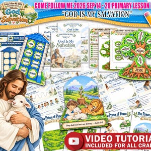 Könnte beinhalten: Eine Sammlung gedruckter Lehrmaterialien für Kinder mit dem Titel Come Follow Me 2026 God Is My Salvation, bestehend aus Arbeitsblättern, einem Jesse-Baum-Bastelbogen, einer blauen Leuchtturmstruktur und einem Diorama mit Löwen- und Lamm-Motiv.