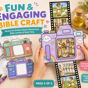 Puede incluir: Un kit de manualidades en papel con plantillas en forma de cámara, una tira de película con escenas bíblicas ilustradas y el texto FUN & ENGAGING BIBLE CRAFT, Perfect for Sunday School, Homeschool, Bible Lessons & Quiet Time.