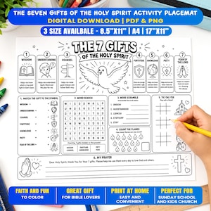 The Seven Gifts of the Holy Spirit Activity Placemat, Catholic Confirmation Craft, Sunday School Lesson, Bible Game, Printable
