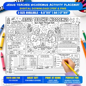 Puede incluir: Un mantel individual de actividades en blanco y negro titulado Jesus Teaches Nicodemus, que presenta una ilustración central de Jesús y Nicodemo, un laberinto, sopa de letras, crucigramas, ejercicios de completar y un reto de objetos ocultos.