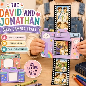 May include: A paper camera craft titled The David and Jonathan Bible Camera Craft. The purple camera features a pull-out film strip showing illustrations of David and Jonathan. Includes text for digital download, 3 camera designs, and US Letter 8.5 x 11 inch.