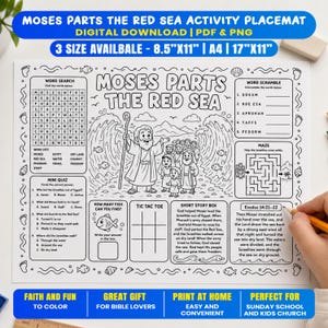 Puede incluir: Un mantel individual de actividades en blanco y negro titulado Moses Parts The Red Sea que incluye una sopa de letras, un juego de palabras, un laberinto, un cuestionario, tres en raya y un relato corto. Ilustra a Moisés cruzando el mar.
