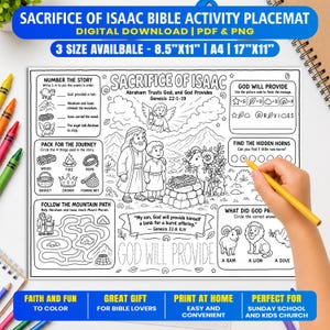 Op de afbeelding: Een zwart-wit printbare activiteitenplacemat getiteld Sacrifice of Isaac met bijbelverhaalillustraties, een doolhof, woordpuzzels en kleursecties. De tekst bevat Genesis 22:1-19 en God Will Provide. Beschikbaar in 8,5x11, A4 en 17x11 inch.