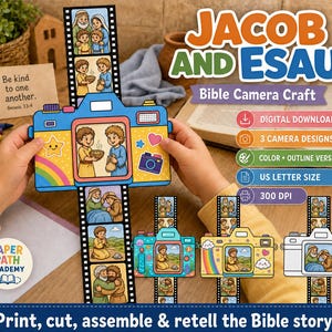 Könnte beinhalten: Ein Papierbastelset mit einer blauen Kamera und einem Filmstreifen, der die biblische Geschichte von Jakob und Esau darstellt. Das Set enthält verschiedene Kameradesigns in Farbe und als Umrissversion mit dem Text Jacob and Esau Bible Camera Craft.