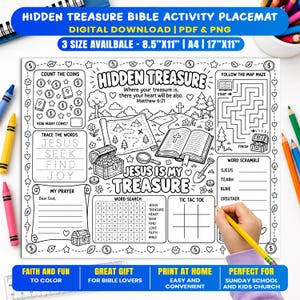 Könnte beinhalten: Eine schwarz-weiße, ausdruckbare Aktivitätsunterlage mit dem Titel Hidden Treasure, die eine Schatzkarte, eine offene Bibel, eine Schatztruhe, ein Wortsuchrätsel, ein Labyrinth, Tic-Tac-Toe und Wörter zum Nachspuren zeigt. Enthält den Text Matthew 6:21.