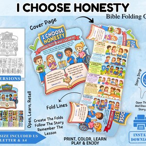 Puede incluir: Una manualidad bíblica plegable titulada I CHOOSE HONESTY con ilustraciones coloridas de niños y versículos bíblicos. El conjunto imprimible incluye versiones en blanco y negro y a todo color, con líneas de plegado, una portada y una tira de historia. Diseñado para tamaños de papel US Letter y A4, esta descarga instantánea fomenta el aprendizaje mediante el plegado.