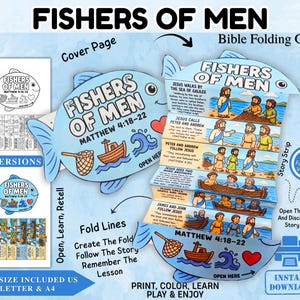 May include: A Fishers of Men Bible folding craft kit featuring a fish-shaped cover with a boat, net, and heart illustration. The interior unfolds into a story strip depicting biblical scenes from Matthew 4:18-22 with text. Includes color and black and white versions.