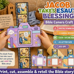 May include: A paper craft kit titled Jacob Takes Esau's Blessing featuring a purple camera with a film strip showing Bible story illustrations. The set includes digital download instructions, three camera designs, and blank frames for kids to draw.