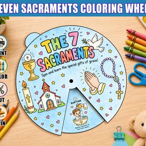 以下が含まれることがあります： 「The 7 Sacraments」と題された円形のペーパークラフト。聖杯、キャンドル、教会、祈る手、ロザリオのカラフルなイラストが描かれています。ホイールには切り抜き部分があり、洗礼のシーンとテキスト、小さなハートが表示されています。