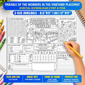 May include: A black and white activity placemat titled Parable of the Workers in the Vineyard featuring a word search, a maze, a memory verse, tic-tac-toe, and writing exercises. The sheet includes text and illustrations of grapes and people.