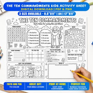 May include: A black and white activity sheet titled The Ten Commandments featuring a word search, word scramble, tic-tac-toe, fill-in-the-blanks, a maze, spot the difference, and a draw it section with an illustration of a person holding a staff.