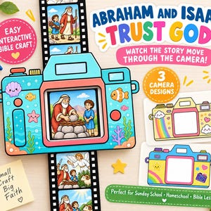 May include: An interactive paper camera craft featuring the story of Abraham and Isaac. The blue camera has a film strip showing biblical scenes. Text includes ABRAHAM AND ISAAC TRUST GOD, WATCH THE STORY MOVE THROUGH THE CAMERA, and Small Craft Big Faith.