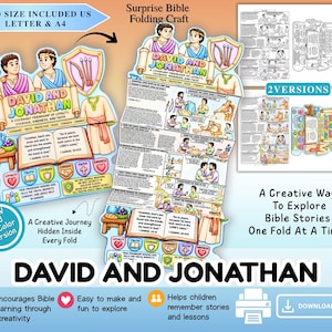 May include: A printable paper craft project titled David and Jonathan featuring illustrations of the biblical figures, a shield, and a scroll. The design includes text, comic-style panels, and heart icons. It is available in both full-colour and black-and-white versions for US Letter and A4 paper sizes.