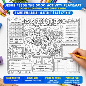Jesus Feeds the 5,000 Activity Placemat, Sunday School Bible Craft and Coloring Page for Kids, Printable Activity Sheet for Church & School
