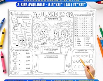 Paul and Lydia Activity Sheet, Macedonian Call Bible Placemat, Act 16 Sunday School Bible Activity Sheet and Homeschool Lesson