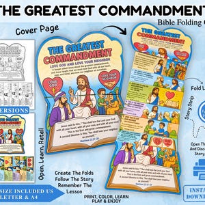 May include: A Bible folding craft titled The Greatest Commandment featuring full-colour and black-and-white versions. The craft includes a cover page, fold lines, and a story strip depicting Jesus teaching, with text in English. Includes US Letter and A4 sizes.