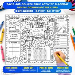 May include: A black and white printable activity placemat featuring the David and Goliath story with the text David and Goliath God Helps Me Be Brave. Includes a maze, word search, word scramble, tic tac toe, and counting games for children.