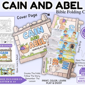 May include: A printable Bible folding craft titled Cain and Abel Genesis 4:1-16, featuring a stone wall cover page with a basket of fruit and a lamb. The craft includes a multi-panel accordion story strip with illustrations and text, available in black and white or full color, designed for US letter and A4 paper sizes.