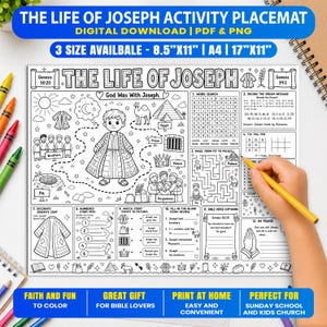 Könnte beinhalten: Eine schwarz-weiße Aktivitäts-Tischunterlage mit dem Titel The Life of Joseph, die verschiedene Spiele wie Wortsuche, Labyrinth, Tic-Tac-Toe und Ausmalbereiche enthält. Das Blatt zeigt Illustrationen von Pyramiden, einem Kamel und einem Mantel, erhältlich in den Größen 21,6x27,9cm, A4 und 43,2x27,9cm.