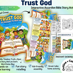 Op de afbeelding: Een interactieve accordeon-bijbelverhaalactiviteit getiteld Trust God Six Reasons to Trust Him. De set bevat een kleurrijke gesloten omslag, een uitvouwbaar verhaal met meerdere panelen en zwart-wit omtrekversies om af te drukken op A4-formaat.