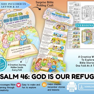 May include: A printable Bible folding craft titled Psalm 46: God Is Our Refuge. The design features colorful illustrations of children reading a book, a river, and text passages. Includes both US Letter and A4 size options, with full color and black and white versions available for download.