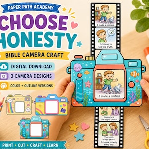 以下が含まれることがあります： Paper Path Academy Choose Honesty Bible Camera Craftのデジタルダウンロードキット。カラーとアウトラインの3種類のカメラデザインが含まれています。海をモチーフにしたティールカラーのカメラと、誠実さを学ぶ子供の物語が描かれたフィルムストリップです。