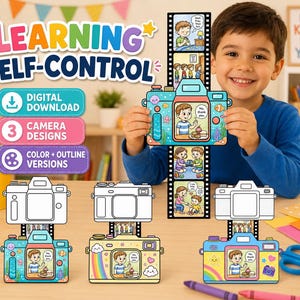 Peut inclure: Un ensemble de téléchargement numérique comprenant trois modèles d'appareils photo pour apprendre la maîtrise de soi. L'activité imprimable inclut des versions en couleur et en contour avec des pellicules illustrant des scènes d'enfants.