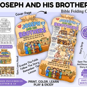 May include: A printable Bible folding craft titled Joseph and His Brothers, featuring a grain sack design. The craft includes a cover page and a multi-panel story strip with illustrations and text detailing the biblical narrative of Joseph.