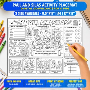 Può includere: Una tovaglietta di attività in bianco e nero intitolata Paul and Silas Praising God in Prison, con giochi a tema biblico, un labirinto e sezioni da colorare. Il foglio include testo, illustrazioni di personaggi e versetti biblici.