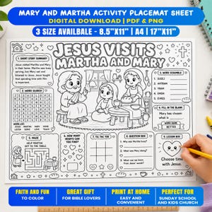 Mary and Martha Activity Placemat, Sunday School Coloring Page, Kids Church Lesson Craft, Printable Bible Story Game Sheet PDF