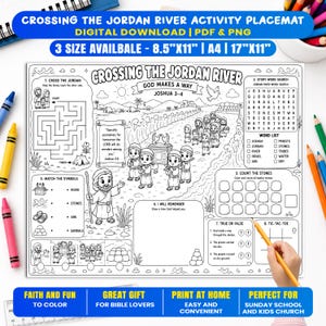 May include: A black and white activity placemat titled Crossing the Jordan River featuring a maze, word search, matching game, and counting tasks. The printable sheet includes illustrations of biblical figures, the Ark of the Covenant, and text referencing Joshua 3-4, available in 21.6x27.9cm, A4, and 43.2x27.9cm sizes.