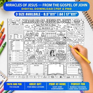 Könnte beinhalten: Ein schwarz-weißes, ausdruckbares Arbeitsblatt mit dem Titel Miracles of Jesus in John, das acht illustrierte Szenen, ein Wortsuchrätsel, ein Wortsalat, ein Labyrinth und Tic-Tac-Toe enthält. Es verweist auf Johannes 20,30-31 und ist in 21,6x27,9cm, A4 und 43,2x27,9cm erhältlich.