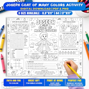 May include: A black and white printable activity sheet titled Joseph and His Coat of Many Colors, featuring a central illustration of Joseph, a word search, a maze, a word scramble, tic-tac-toe, a mini quiz, and reflection questions.