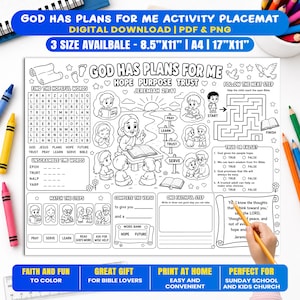 Może przedstawiać: Czarno-biała mata do aktywności z napisem GOD HAS PLANS FOR ME zawierająca wykreślankę, labirynt, pytania prawda lub fałsz oraz ilustracje do kolorowania przedstawiające dzieci i postać czytającą książkę. Tekst zawiera odniesienie do Jeremiah 29:11.