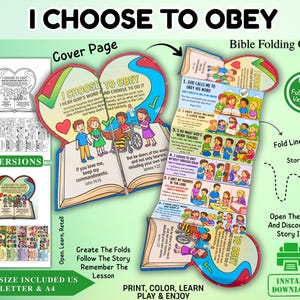 Könnte beinhalten: Ein faltbares Bibel-Bastelset mit dem Text I CHOOSE TO OBEY. Das Set enthält ein herzförmiges Deckblatt, einen mehrteiligen Geschichtenstreifen mit Illustrationen von Kindern sowie zwei Versionen in Schwarz-Weiß und in Farbe.