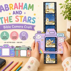 Puede incluir: Una manualidad de papel en forma de cámara titulada Abraham and the Stars que incluye una tira de película con escenas ilustradas de Abraham. La cámara es de color morado claro con gráficos de estrellas y nubes en tonos pastel.