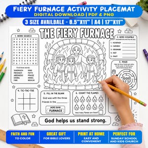 Fiery Furnace Activity Placemat, Shadrach Meshach and Abednego Bible Coloring Page, Sunday School Daniel 3 Printable Lesson
