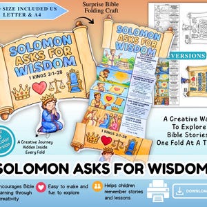 以下が含まれることがあります： Solomon Asks For Wisdom 1 Kings 3:1-28と書かれた印刷可能なペーパークラフト。王冠、ハート、天秤、玉座が描かれた巻物デザインで、物語のイラストとテキストが記載された折りたたみ式のアコーディオンセクションが含まれています。