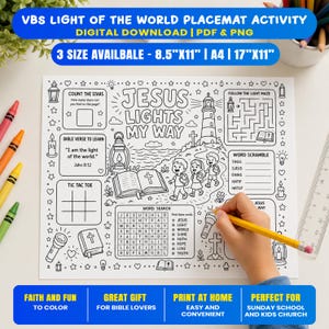 Light of the World VBS Activity Placemat Pack, Christian Coloring Page, Illumination Theme Printable, Kids Sunday School Game Sheet