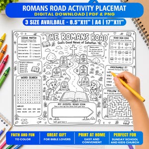 Könnte beinhalten: Eine schwarz-weiße, ausdruckbare Aktivitätsunterlage mit dem Titel The Romans Road God's Good News of Salvation. Sie enthält einen gewundenen Pfad, ein Kreuz, Kinder, ein Wortsuchrätsel, Verszuordnungen, einen Straßenschild-Code und Rätsel.